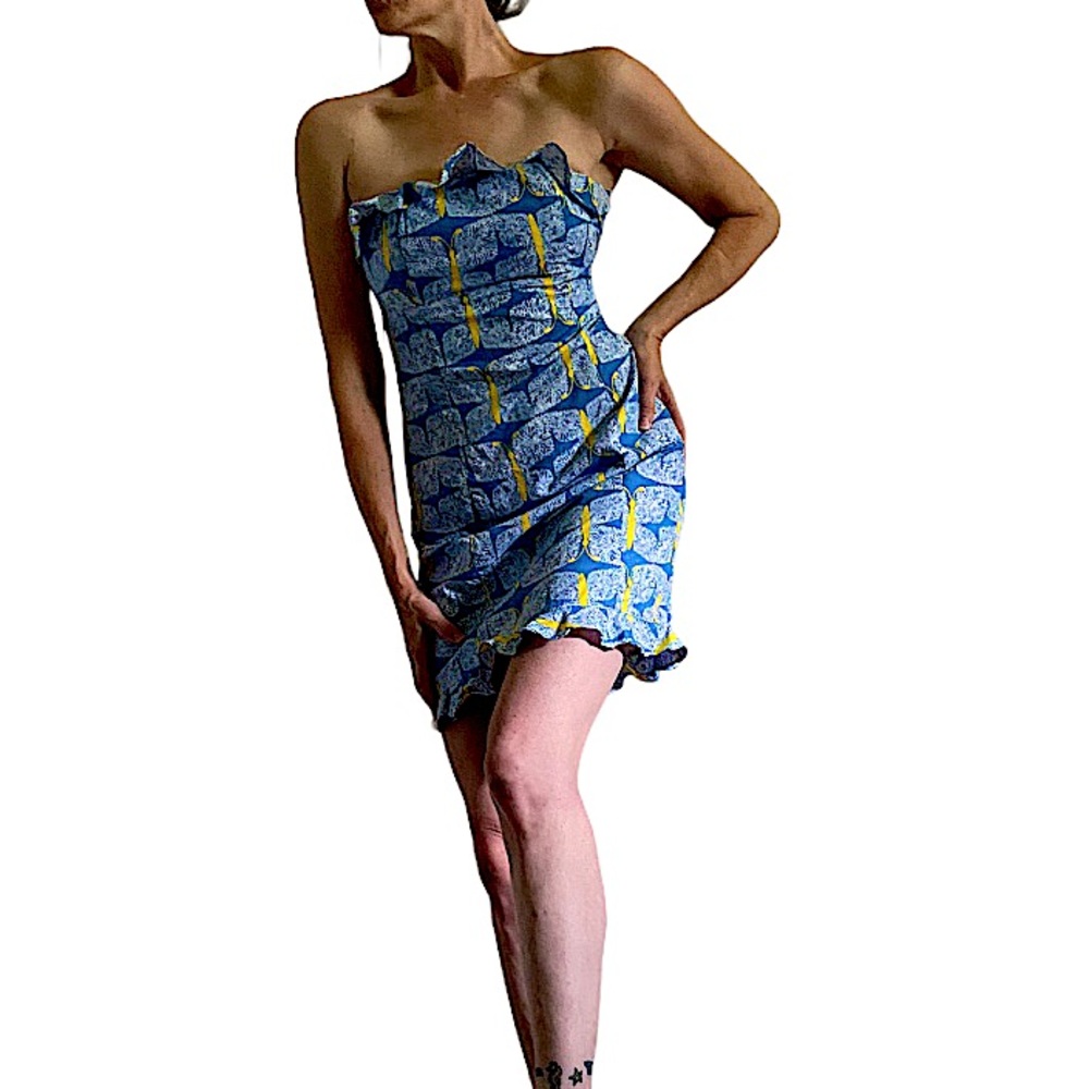 Lilly Pulitzer Blue & Yellow Strapless Ruffle Mini Dress
